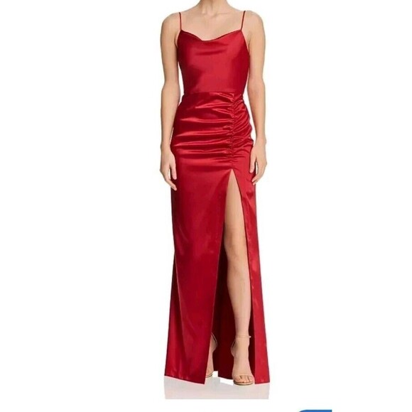 Aqua Women'S Red Draped Neck Ruched Side Slit Formal Dress Gown Size 2 - Picture 9 of 10